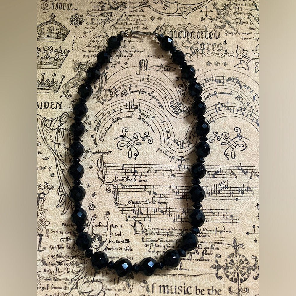 Vintage Czech faceted black glass necklace, 15 inches